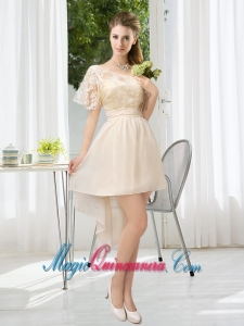 Lace High Low Short Sleeves Dama Dress with One Shoulder