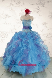 2015 Pretty Strapless Appliques and Ruffles QuinceDress in Multi Color