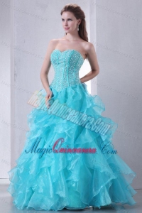 A-line Turquoise Sweetheart Beading and Ruffles Quinceanera Dress