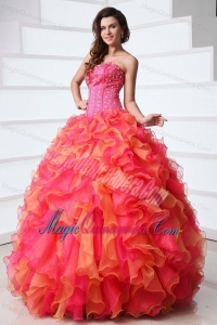 Strapless Beading and Ruffles Quinceanera Dress in Red and Orange Red