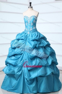 Teal Sweetheart Taffeta Quinceanera Dress with Appliques and Pick-ups