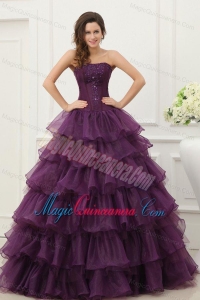 Strapless Beading and Ruffles Layered Quinceanera Dress in Dark Purple