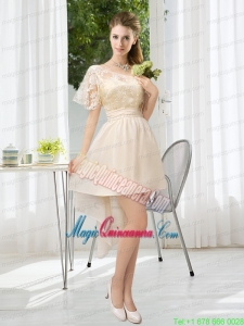 Lace High Low Short Sleeves Mother Dress with One Shoulder