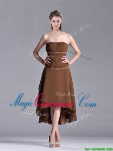 Exclusive Beaded Strapless High Low Brown Dama Dress in Chiffon