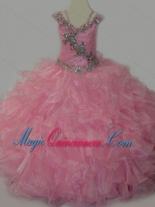 Popular V-neck Ruffled Little Girl Pageant Dress with Spaghetti Straps and Sequins