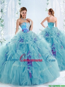 Couture Applique and Ruffled Detachable Quinceanera Dresses in Aqua Blue