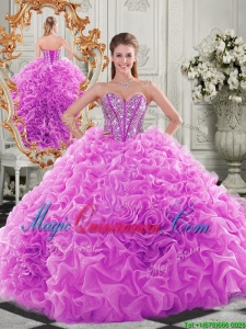 Couture Puffy Skirt Beaded Bodice and Ruffled Quinceanera Dress in Fuchsia