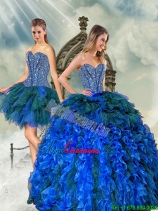 2015 Detachable and Luxury Beading and Ruffles Quince Dresses in Royal Blue and Teal