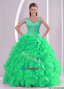 2015 Unique Spring Green Quinceanera Dresses with Beading and Ruffles