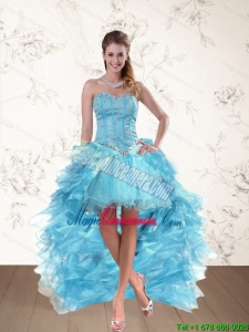 Discount Baby Blue Sweetheart High Low Dama Dresses with Ruffles and Beading