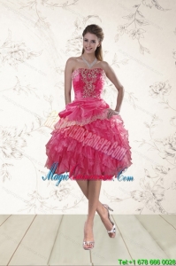 2015 Coral Red Strapless Dama Dresses with Appliques and Ruffles