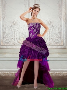 Dark Purple Strapless Dama Dresses with Embroidery and Ruffles