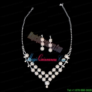 Elegant Pearl With Rhinestone Wedding Jewelry Set Including Necklace And Earrings