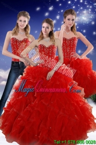 2015 Detachable Red Sweetheart Quince Dresses with Beading and Ruffles