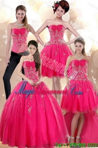 Detachable sStrapless Hot Pink Dresses for Quince with Appliques