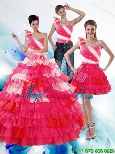 One Shoulder Ruffled Layers and Beading Multi Color Detachable Quinceanera Dresses for 2015