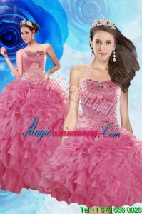 Gorgeous Coral Red Quince Dresses with Beading and Ruffles