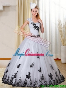 Gorgeous One Shoulder White and Black Quinceanera Dress with Appliques for 2015