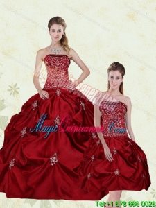 Luxury Wine Red Strapless Quinceanera Gown with Embroidery and Pick Ups