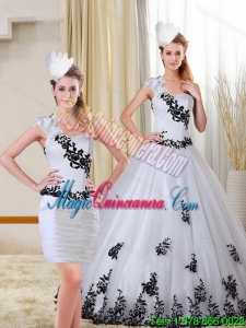 2015 New style One Shoulder Sweetheart White and Black Quinceanera Dress with Appliques