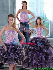 New style 2015 Fashionable Appliques and Ruffles Quince Dresses in Multi Color
