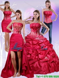 2015 Strapless Red Sweet 15 Quinceanera Dress with Appliques and Pick Ups