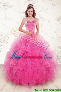 Popular 2015 Sweetheart Hot Pink Sweet 15 Quince Gown with Beading and Ruffles