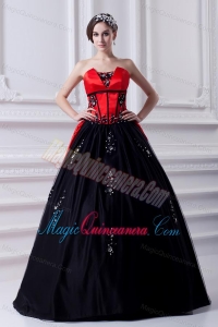 Cheap Strapless Appliques Pick-ups Black and Red Quinceanera Dress with Brush Train