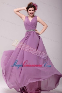 Beaded Decorate Waist V-neck Chiffon Lilac Dama Dress for Quinceanera for Girls