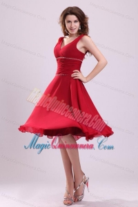 Popular A-line V-neck Dama Dress for Quinceanerain Wine Red with Knee-length