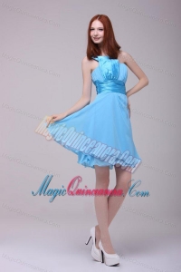 Baby Blue One Shoulder Ruching Dama Dresses with Chiffon