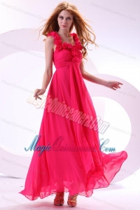 Hot Pink Empire Straps Ankle-length Ruching Chiffon Dama Dresses