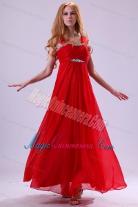 Red Empire Beading Straps Ankle-length Chiffon Dama Dress for Quinceanera