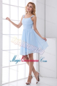 Simple Empire Straps Knee-length Chiffon Light Blue Dresses for Dama