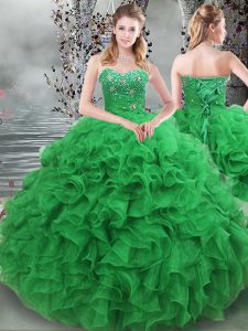 Super Sleeveless Floor Length Beading and Ruffles Lace Up Vestidos de Quinceanera with Green