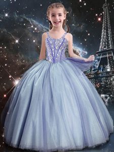 Light Blue Sleeveless Floor Length Beading Lace Up Little Girls Pageant Gowns