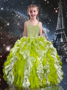 Olive Green Organza Lace Up Little Girls Pageant Dress Sleeveless Beading and Ruffles