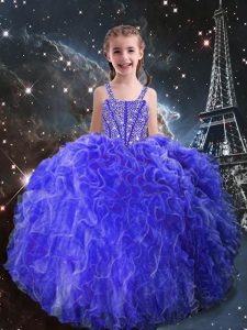 Fantastic Eggplant Purple Ball Gowns Organza Straps Sleeveless Beading and Ruffles Floor Length Lace Up Pageant Dress Wholesale