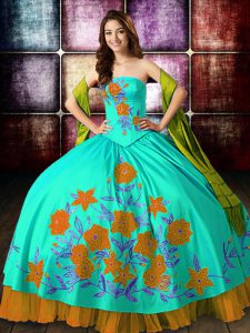 Multi-color Satin Lace Up Ball Gown Prom Dress Sleeveless Floor Length Embroidery