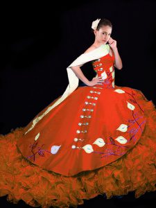 Rust Red Taffeta Lace Up V-neck Sleeveless Sweet 16 Quinceanera Dress Brush Train Embroidery and Ruffles