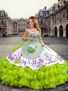 On Sale Yellow Green Ball Gowns Organza Sweetheart Sleeveless Embroidery and Ruffled Layers Floor Length Lace Up 15 Quinceanera Dress