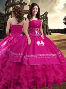 High Quality Hot Pink Strapless Neckline Embroidery and Ruffled Layers Quince Ball Gowns Sleeveless Zipper