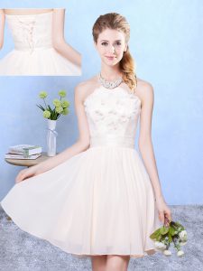 Latest Knee Length Baby Pink Dama Dress for Quinceanera Halter Top Sleeveless Lace Up