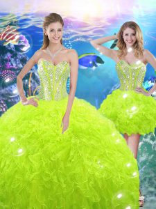 Organza Sweetheart Sleeveless Lace Up Beading and Ruffles Quince Ball Gowns in Yellow Green