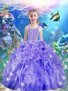 Sleeveless Floor Length Beading and Ruffles Lace Up Winning Pageant Gowns with Purple