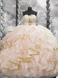 Cheap Peach Lace Up Sweetheart Beading and Ruffles Quince Ball Gowns Organza Sleeveless Brush Train