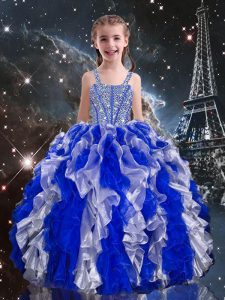 Fantastic Sleeveless Floor Length Beading and Ruffles Lace Up Pageant Dress for Womens with Blue