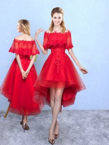 Off The Shoulder Half Sleeves Quinceanera Court Dresses High Low Appliques Wine Red Organza