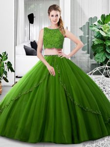 Olive Green Sleeveless Floor Length Lace and Ruching Zipper 15 Quinceanera Dress