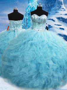 Best Selling Aqua Blue Sleeveless Floor Length Beading and Pick Ups Lace Up Sweet 16 Quinceanera Dress